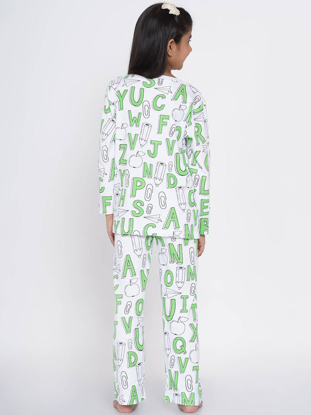 Berrytree Organic Cotton Night Suit Girls: Green Alphabets BerryTree