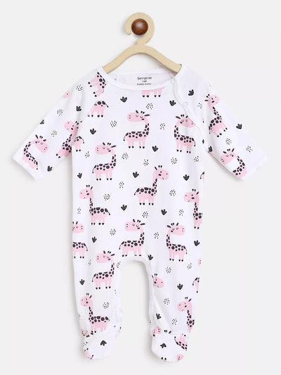 Baby onesie with giraffe pattern on a white background