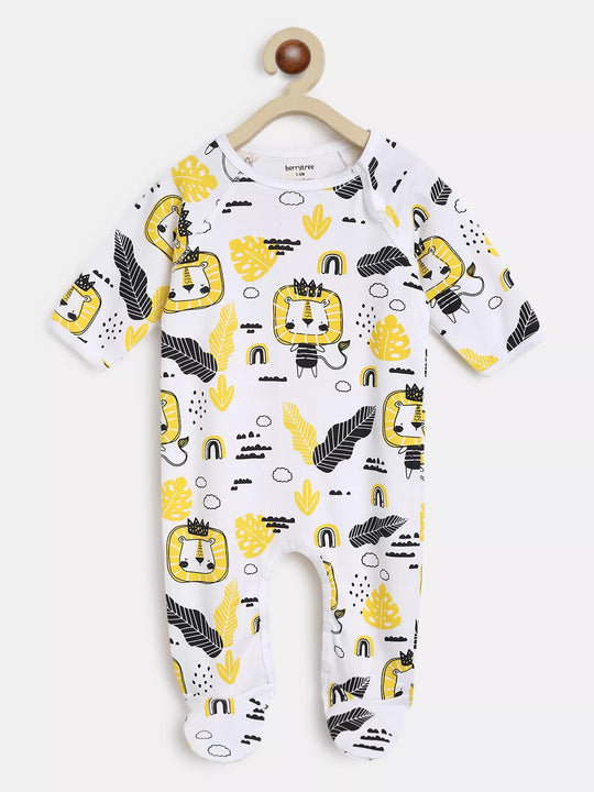 Baby onesie with lion and pineapple pattern on a white background