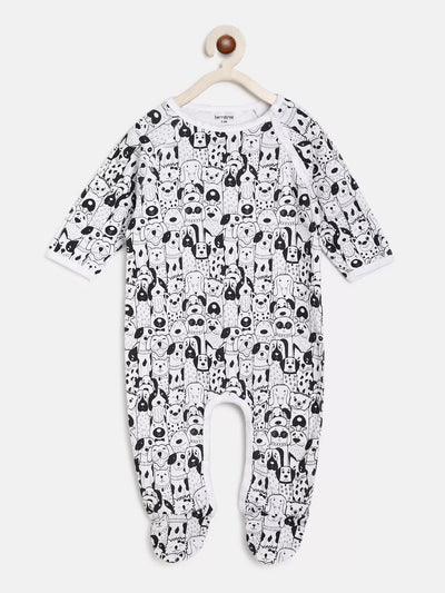 Baby onesie with black and white pattern on a white background