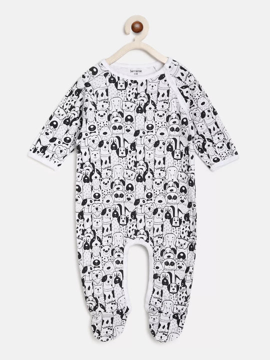 Baby onesie with black and white pattern on a white background