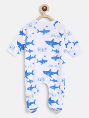 Baby onesie with shark and 'hello' pattern on a hanger