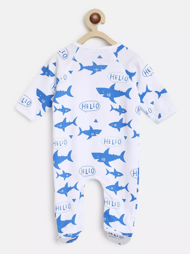 Baby onesie with shark and 'hello' pattern on a hanger