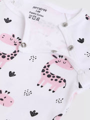 Baby onesie with pink giraffe design and organic cotton label on a white background