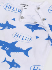 Baby outfit with blue shark prints and 'HELLO' text on a white background
