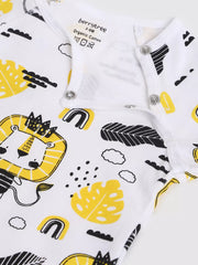 Baby romper with lion and leaf pattern on a white background