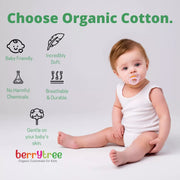 Baby sitting on a white background with text about choosing organic cotton and a 'berrytree' brand logo.