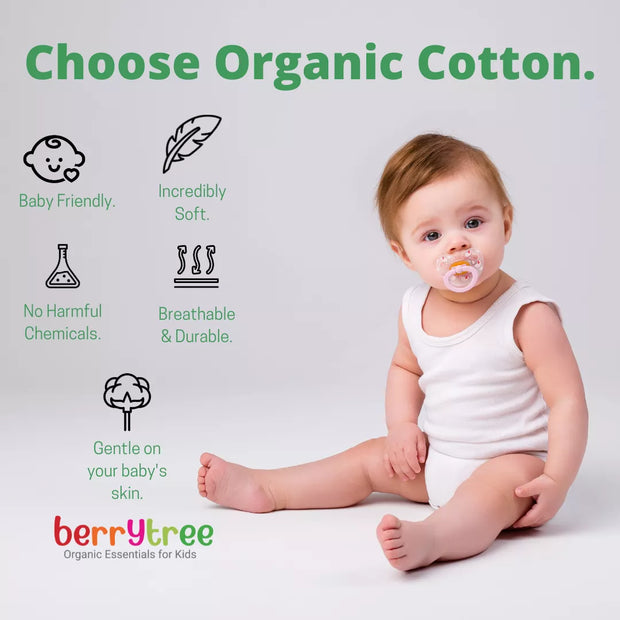 Baby sitting on a white background with text about choosing organic cotton, featuring the brand 'berrytree'.