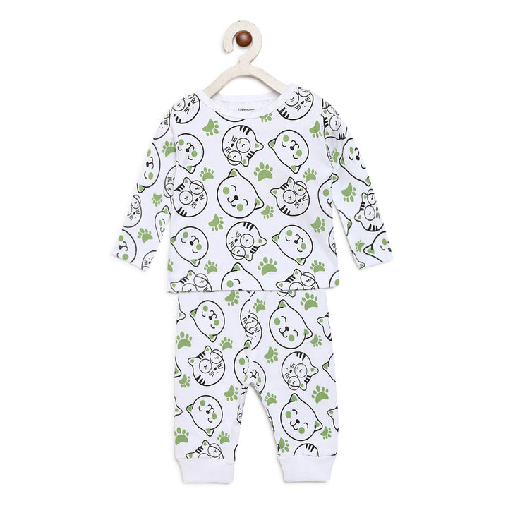 Berrytree Organic Night Suit for Baby Girl: Green cats BerryTree