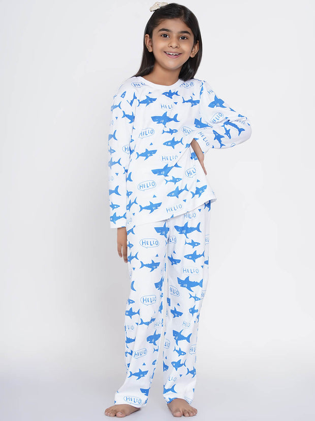 Berrytree Organic Cotton Night Suit Girls: Blue Sharks BerryTree