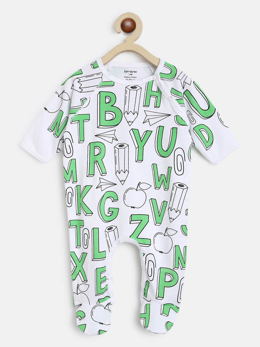 Berrytree Organic Cotton Baby Romper: Green Alphabets BerryTree