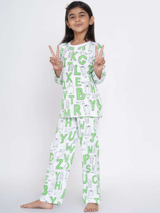 Berrytree Organic Cotton Night Suit Girls: Green Alphabets BerryTree
