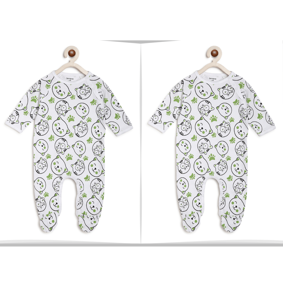 Berrytree Twin Baby Girl Set : Green Cat Romper BerryTree